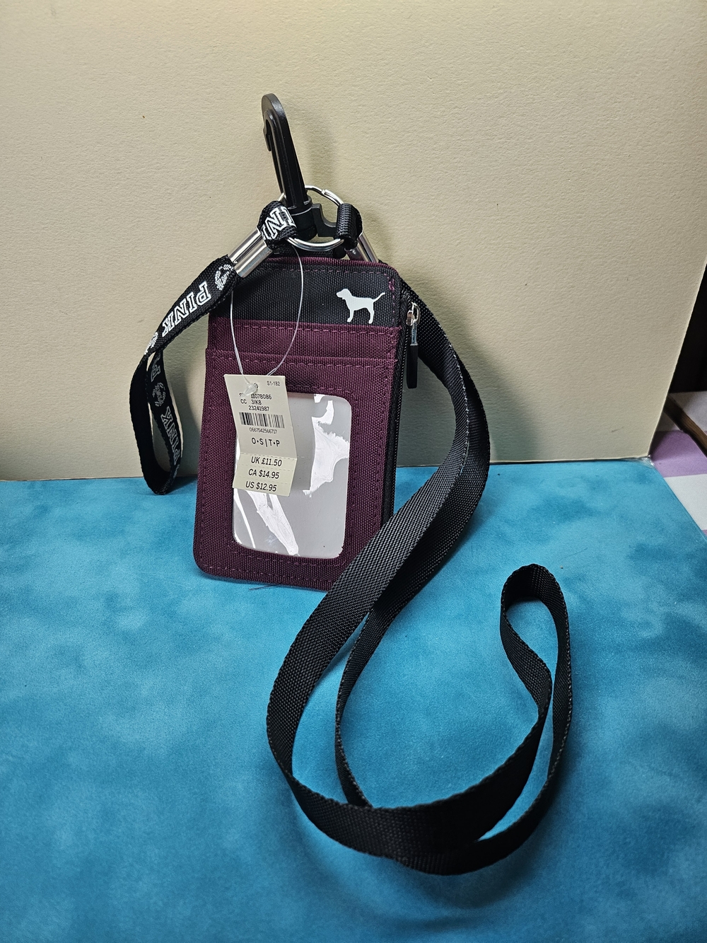 PINK Victoria's Secret Crossbody Card Holder - Burgundy with White Stripes - Picture 2 of 4